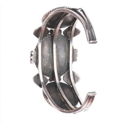 6.6" 1940's Navajo stamped sterling silver petrified wood agate cuff bracelet