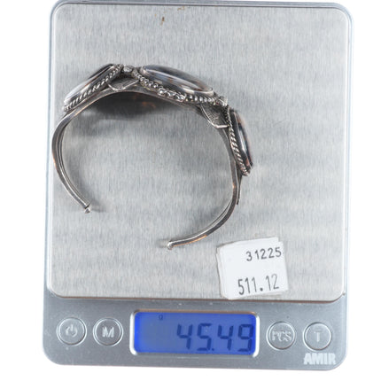 6.6" 1940's Navajo stamped sterling silver petrified wood agate cuff bracelet