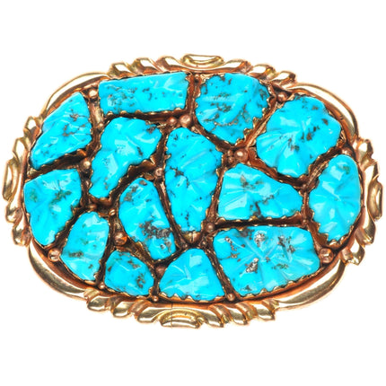 1970's Alice Quam Zuni 14k gold belt buckle carved pyrite turquoise cluster