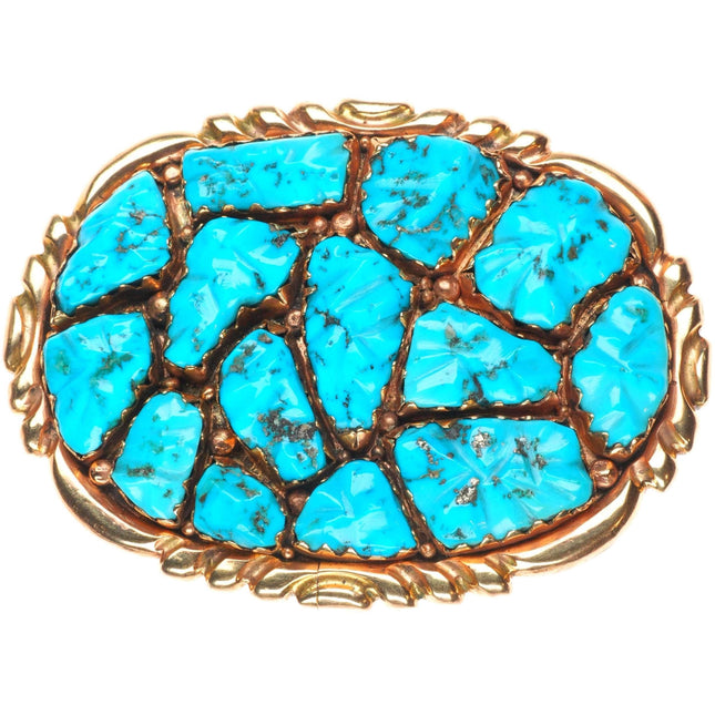 1970's Alice Quam Zuni 14k gold belt buckle carved pyrite turquoise cluster