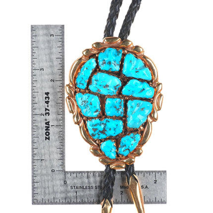 1970's Alice Quam Zuni 14k gold bolo tie carved pyrite turquoise cluster