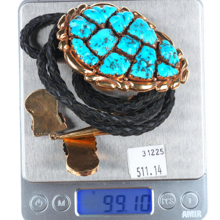 1970's Alice Quam Zuni 14k gold bolo tie carved pyrite turquoise cluster