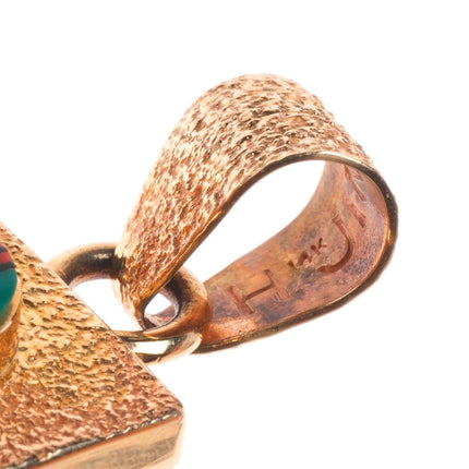 Jim Harrison Navajo 14k gold Tufa Cast coral/turquoise inlay reversible pendant