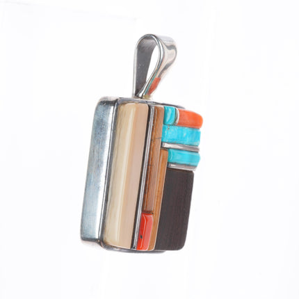 Sherian Honhongva Hopi turquoise, coral, fossil sterling silver corn row pendant