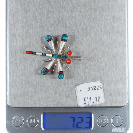 Haloo Zuni sterling silver spiderweb turquoise/coral/shell dragonfly pendant/pin