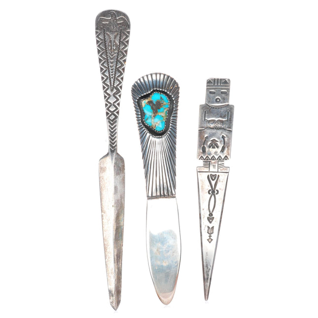3 Vintage Navajo sterling silver letter openers thunderbird, Kachina, turquoise