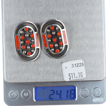 Jobeth Mayes Zuni sterling silver mediterranean coral snake eye/inlay earrings