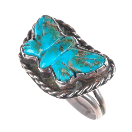 sz12.5 Vintage Native American sterling silver carved turquoise butterfly ring
