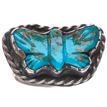 sz12.5 Vintage Native American sterling silver carved turquoise butterfly ring