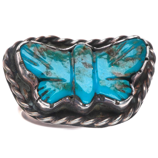sz12.5 Vintage Native American sterling silver carved turquoise butterfly ring
