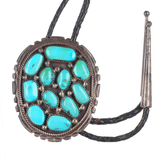c1970 Big Moore Navajo sterling silver natural turquoise cluster bolo tie