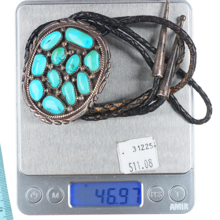 c1970 Big Moore Navajo sterling silver natural turquoise cluster bolo tie