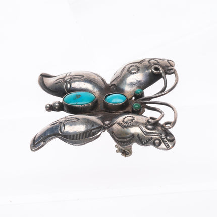 30's-40's Navajo sterling silver hand stamped butterfly pin with turquoise