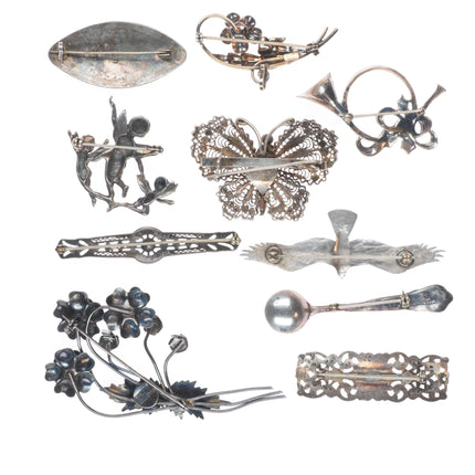 Vintage Sterling silver pin/brooch lot angels butterfly seagull, salt spoon