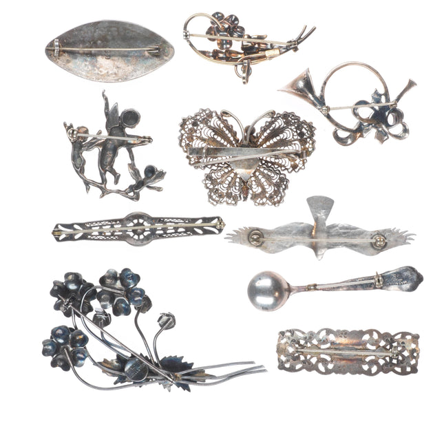 Vintage Sterling silver pin/brooch lot angels butterfly seagull, salt spoon