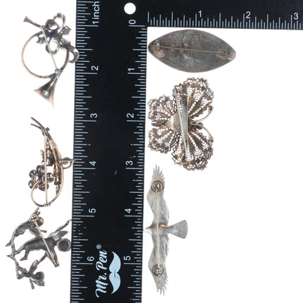 Vintage Sterling silver pin/brooch lot angels butterfly seagull, salt spoon