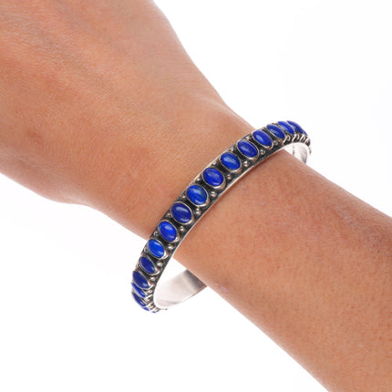 8" R.J. Apacheto Navajo sterling silver lapis lazuli row bangle bracelet