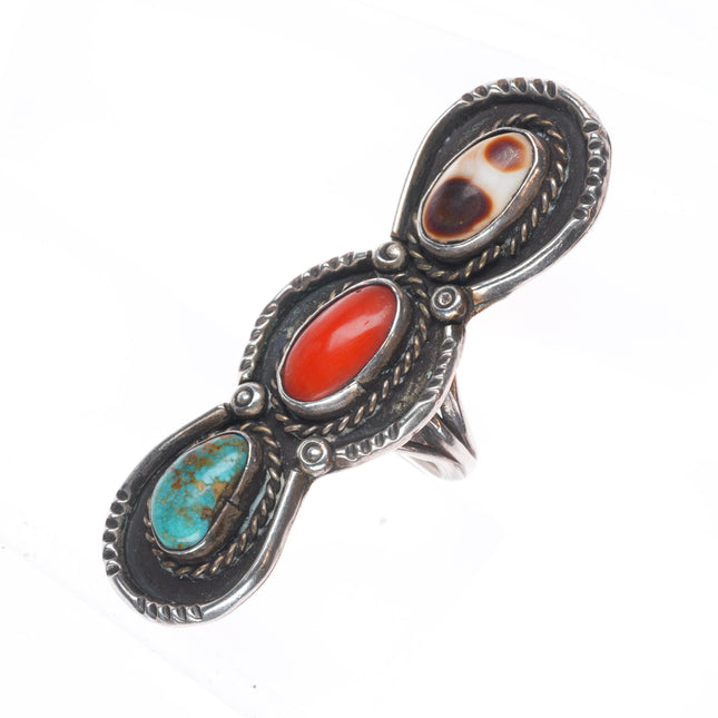 sz6 Long vintage Navajo sterling silver turquoise, cora, shell ring