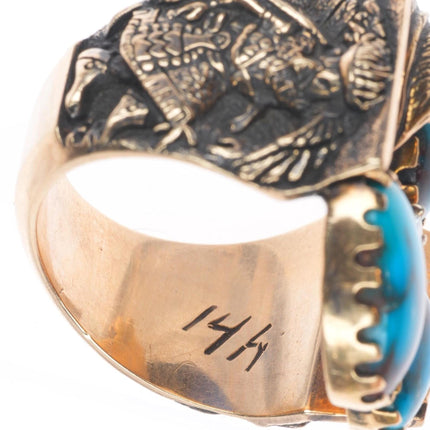 sz12.5 Vintage Navajo Diamond Bisbee Turquoise tufa cast 14k gold men's ring
