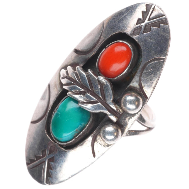 sz7 Vintage Navajo sterling silver turquoise, coral shadowbox stamped face ring