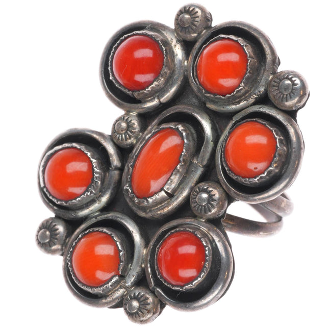 sz8 Vintage Navajo sterling silver Mediterranean red coral cluster ring