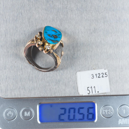 sz11 Vintage Morenci Turquoise, Diamond, 14k gold, sterling silver men's ring