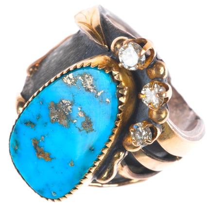 sz11 Vintage Morenci Turquoise, Diamond, 14k gold, sterling silver men's ring