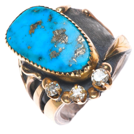 sz11 Vintage Morenci Turquoise, Diamond, 14k gold, sterling silver men's ring