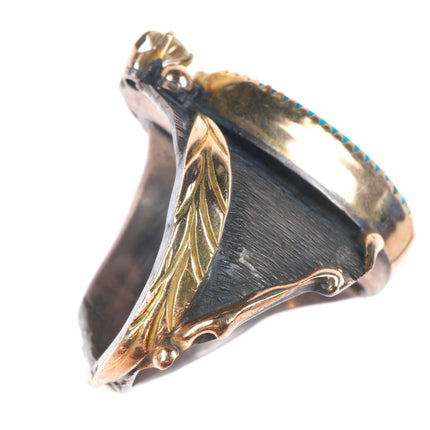 sz11 Vintage Morenci Turquoise, Diamond, 14k gold, sterling silver men's ring