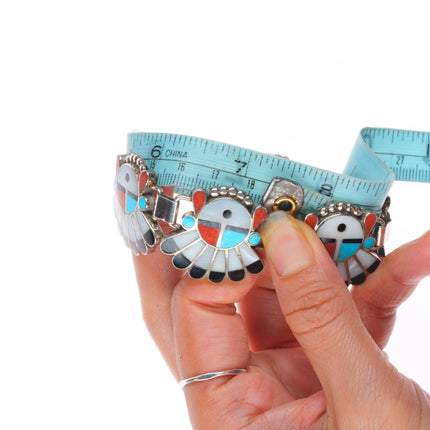 7.25" Vintage Zuni sterling silver sunface/Chief inlay link bracelet turquoise