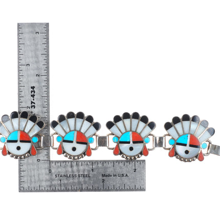 7.25" Vintage Zuni sterling silver sunface/Chief inlay link bracelet turquoise