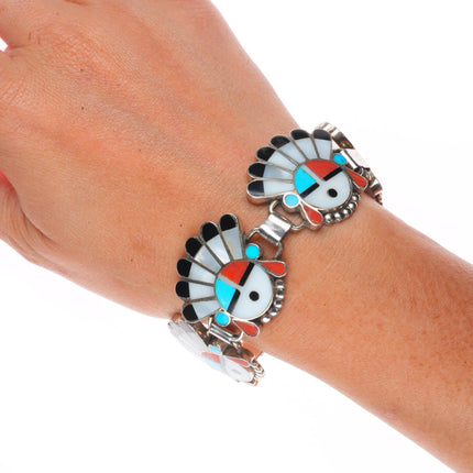 7.25" Vintage Zuni sterling silver sunface/Chief inlay link bracelet turquoise