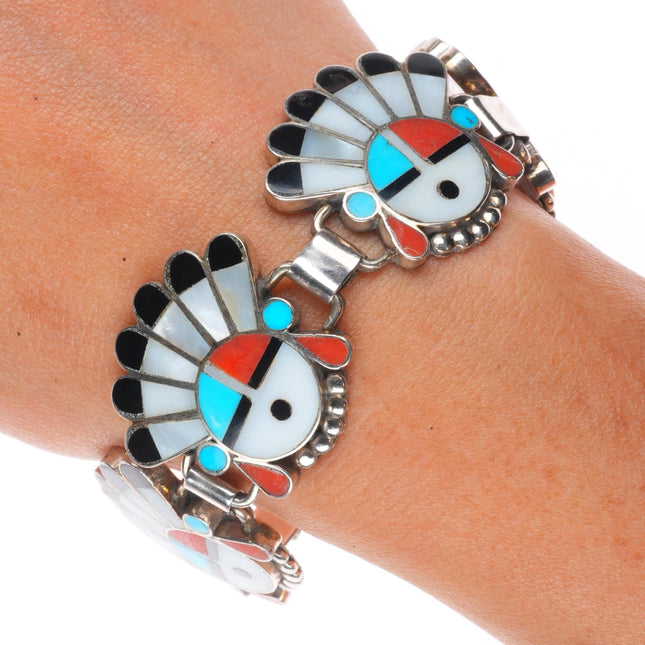 7.25" Vintage Zuni sterling silver sunface/Chief inlay link bracelet turquoise