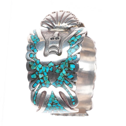 6.4" Gibson Gene Navajo sterling silver chip inlay peyote bird cuff bracelet