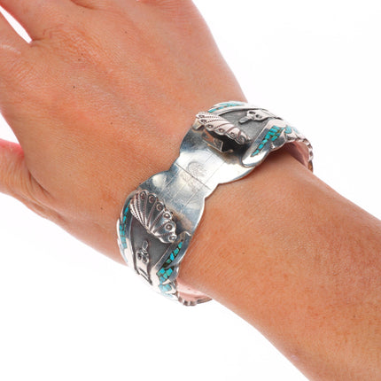 6.4" Gibson Gene Navajo sterling silver chip inlay peyote bird cuff bracelet