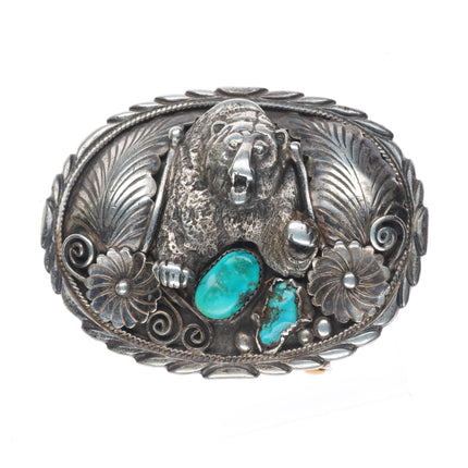 Vintage Navajo sterling silver bear belt buckle with turquoise