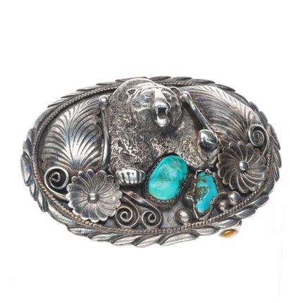 Vintage Navajo sterling silver bear belt buckle with turquoise