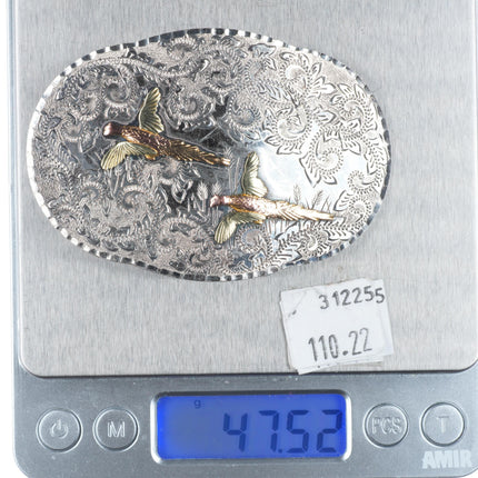 Vintage 10k gold black hills sterling silver pheasants belt buckle