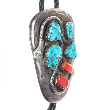 c1970 Effie Calavaza Zuni sterling silver, turquoise, coral snakes bolo tie