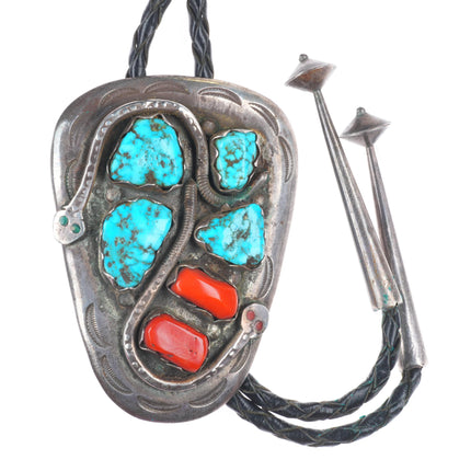 c1970 Effie Calavaza Zuni sterling silver, turquoise, coral snakes bolo tie