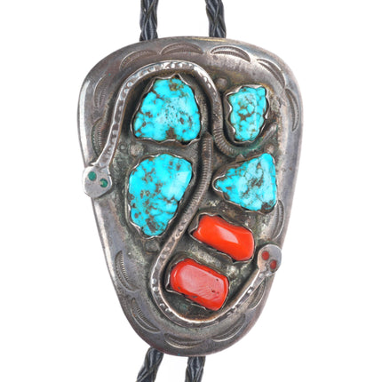 c1970 Effie Calavaza Zuni sterling silver, turquoise, coral snakes bolo tie