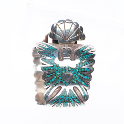 7.25" Navajo PeyoteBird sterling silver chip inlay turquoise watch cuff bracelet