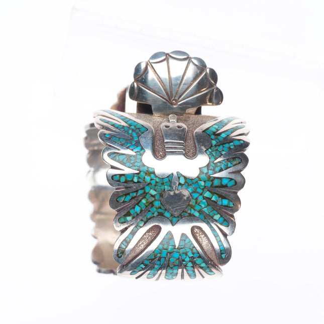 7.25" Navajo PeyoteBird sterling silver chip inlay turquoise watch cuff bracelet