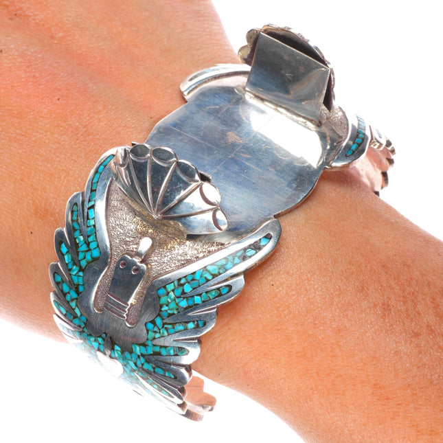 7.25" Navajo PeyoteBird sterling silver chip inlay turquoise watch cuff bracelet
