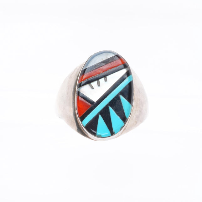 sz10.5 Vintage Zuni sterling silver intarsia inlay turquoise/coral ring