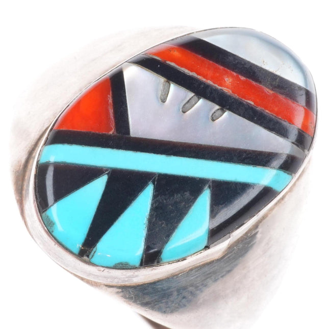 sz10.5 Vintage Zuni sterling silver intarsia inlay turquoise/coral ring
