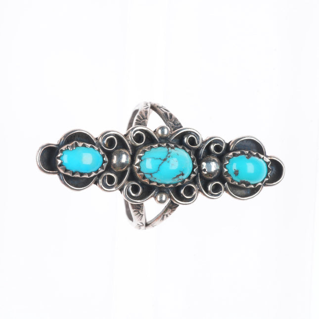 sz7.5 CE Vintage Navajo sterling silver 3 stone stamped shank long ring