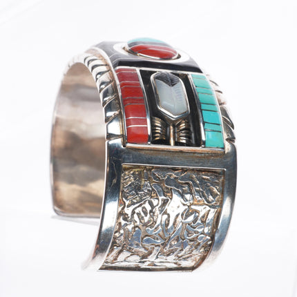 6.6" Don Dewa Zuni sunface spinner sterling silver coral/turquoise cuff bracelet