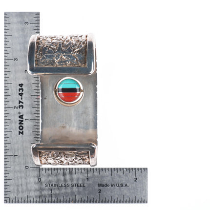 6.6" Don Dewa Zuni sunface spinner sterling silver coral/turquoise cuff bracelet