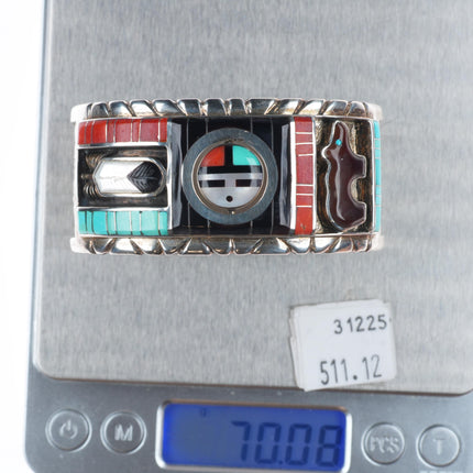 6.6" Don Dewa Zuni sunface spinner sterling silver coral/turquoise cuff bracelet